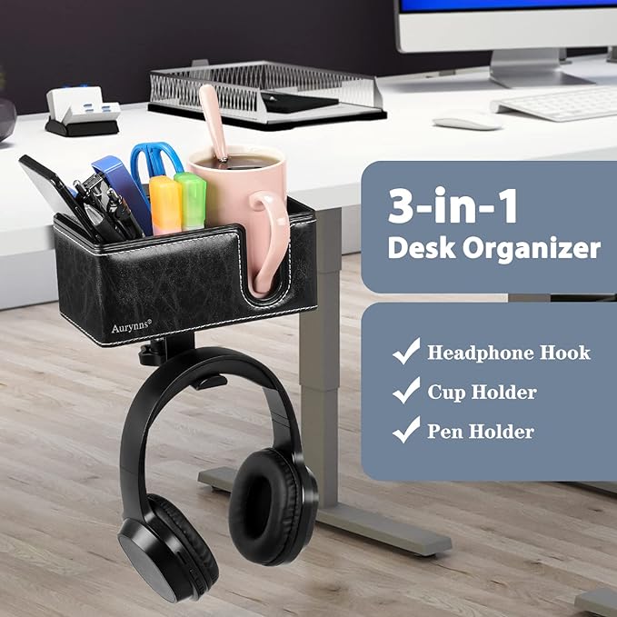 Desk Cup Holder Clip on Pen Holder Headphone Hanger Headset Stand Rotatable Clamp Hook Under Desk (Black)-DeskLoop Office