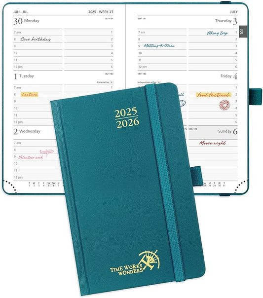POPRUN Pocket Planner 2025-2026, (Purse Size 4''x 6.25'' Hard Cover) Academic Year Calendar Daily Weekly and Monthly (July 25-June 26) with Hourly Time Slots, 100 GSM Paper - Pacific Green-DeskLoop Office