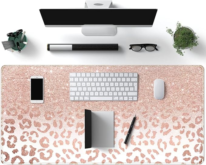 Desk Mat XXL Mouse pad, Pink Rose Gold Leopard Print Office Supplies and Accessories Decor for Women 31.5X15.75in,Stitched Edges Smooth Non-Slip Bottom, Large pad-DeskLoop Office