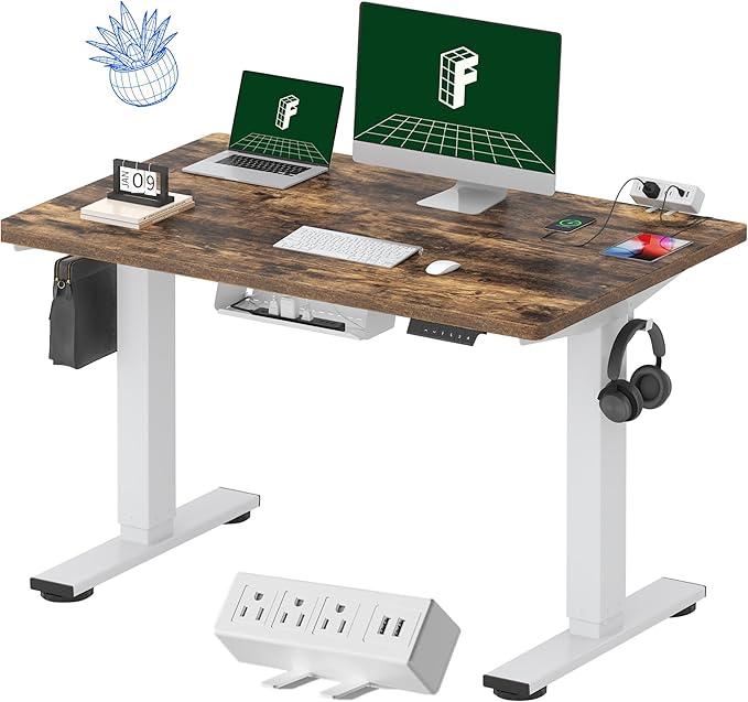 FLEXISPOT EN2 Whole-Piece Standing Desk with Clamp Power Strip, 48 x 30 Electric Stand Up Height Adjustable Desk with Cable Management (White Frame + 48" Rustic Brown Desktop, 2 Packages)-DeskLoop Office