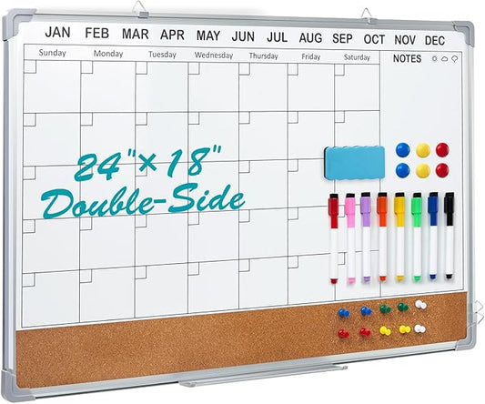Calendar Whiteboard for Wall,24" x 18" White Board Calendar Dry Erase with Silver Aluminum Frame,Double Side Wall Hanging Board for Office,Home,Kitchen-DeskLoop Office
