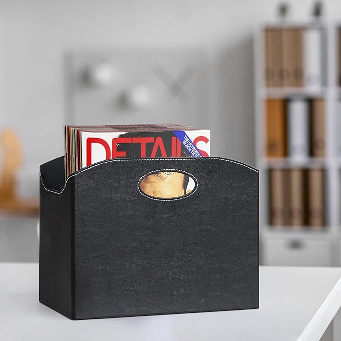 EZDeco Magazine Holder Foldable Magazine Rack Floor PU Leather File Holder Newspaper Book Storage Basket Document File Folder Organizer for Office Home-DeskLoop Office