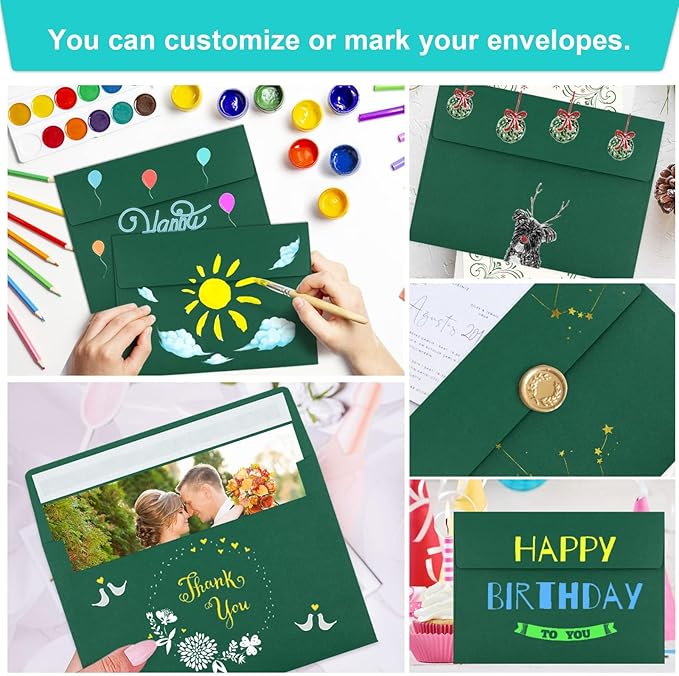 65 Pack Dark Green Self Seal Envelopes - A4, 4x6 Sizes for Invitations, Weddings, Photos, Greeting Cards & Mailing-DeskLoop Office