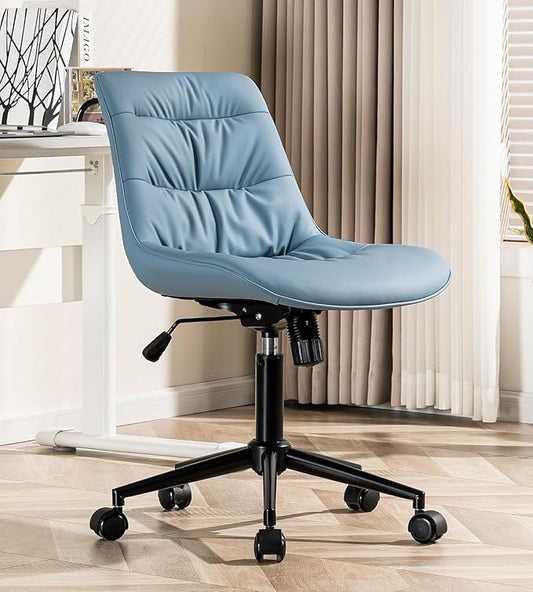Kidol & Shellder Faux Leather Office Chair, Adjustable Swivel Height Task Chair, Rolling Wheels & Soft Backrest - Armless Ergonomic Desk Chair for Home, Office,Vanity,Gaming(Blue)-DeskLoop Office