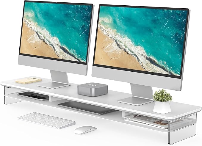 Fenge Acrylic Monitor Stand Riser, 42.5 Inches Dual Monitor Stand with Metal Storage, 2 Tier Acrylic Computer Riser for Desk, Clear Laptop Stand for PC, Laptop, Printer, TV, White-DeskLoop Office