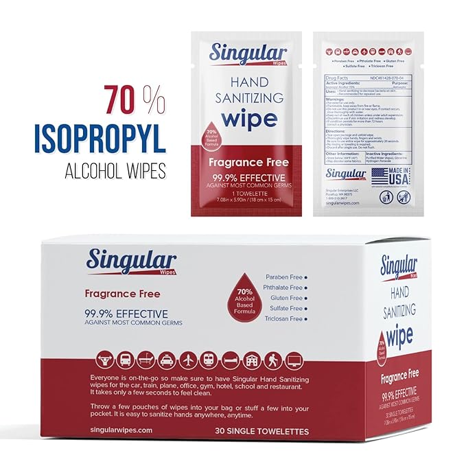 Hand Sanitizing Wipes Travel Size by Singular Wipes –30ct Individually Wrapped | Fragrance-Free, Moisturizing, 70% Isopropyl Alcohol Wipes | Travel, Home, Office, Daily Use | Made in USA-DeskLoop Office