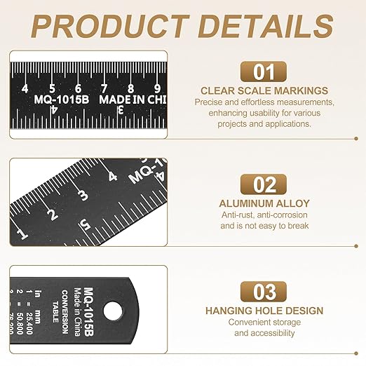 HARFINGTON 4pcs Metal Straight Ruler 15cm Metric SAE Aluminum Alloy Measuring Rulers Scale Tool with Hole for Measure Study Reading Classroom Office, Black-DeskLoop Office