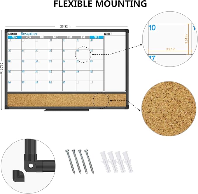 XBoard Dry Erase Calendar Whiteboard 36 X 24 - Combo White Board Calendar Monthly, Magnetic White Board + Corkboard with Black Aluminum Frame, 10 Colorful Push Pins & Marker Tray Included-DeskLoop Office