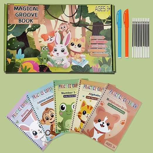 Magic Grooved Practice Copybook 5 Pack with Pens, Groove Reusable Magical Handwriting Workbooks, Tracing Letters Numbers, Math, Kindergarten Sight Words for Kids Ages 3-8 for Preschool(5books+Pens)