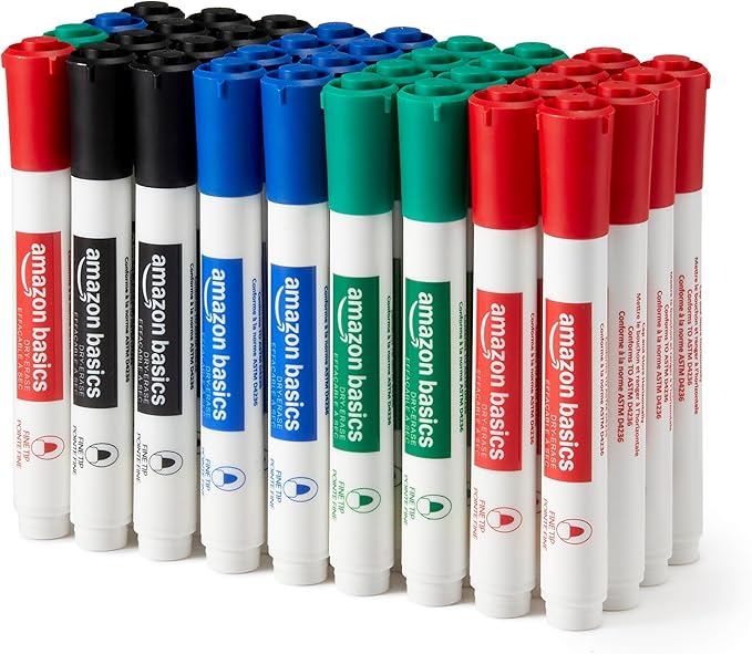 Amazon Basics Low-Odor Dry Erase Whiteboard Markers, Fine Tip, 4 Assorted Colors, 36 Count-DeskLoop Office