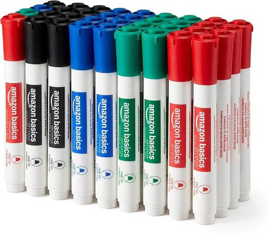 Amazon Basics Low-Odor Dry Erase Whiteboard Markers, Fine Tip, 4 Assorted Colors, 36 Count-DeskLoop Office