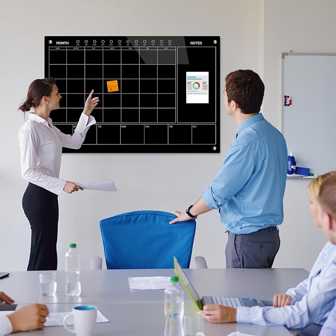 Magnetic Glass Whiteboard 36X24 Monthly Planner Calendar Dry Erase Board for Home, School, Office, Frameless, with Markers, Marker Tray, Eraser, Magnets (Black)-DeskLoop Office