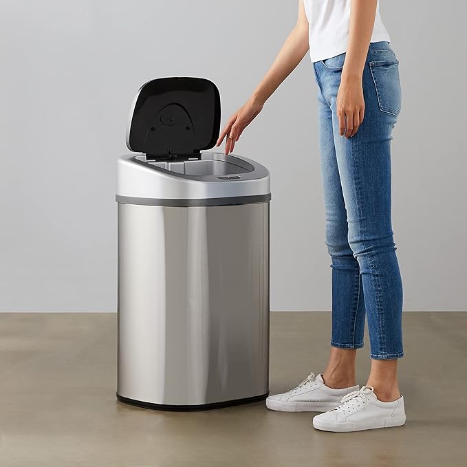 Amazon Basics Automatic Trash Can with Lid, Hands-Free, Stainless Steel, D-Shaped 80 l, 2 Bins-DeskLoop Office