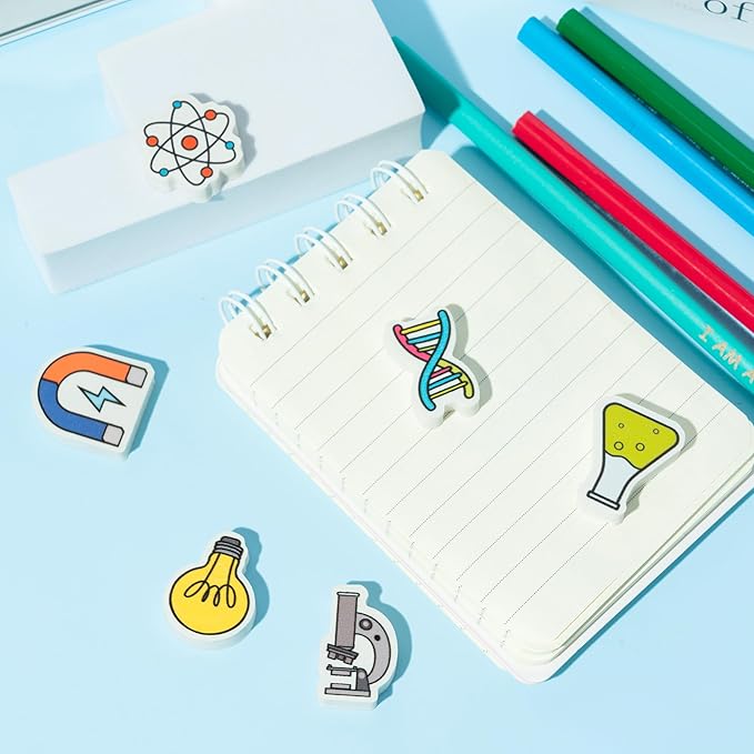 ANGOLIO Science Mini Eraser - 60P Summer Back to School for Kids Bulk Novelty Including microscopes U Shaped Magnets Lamp Bulb Pattern Pencil Eraser for Student Homework Summer Reward Classroom Prizes-DeskLoop Office