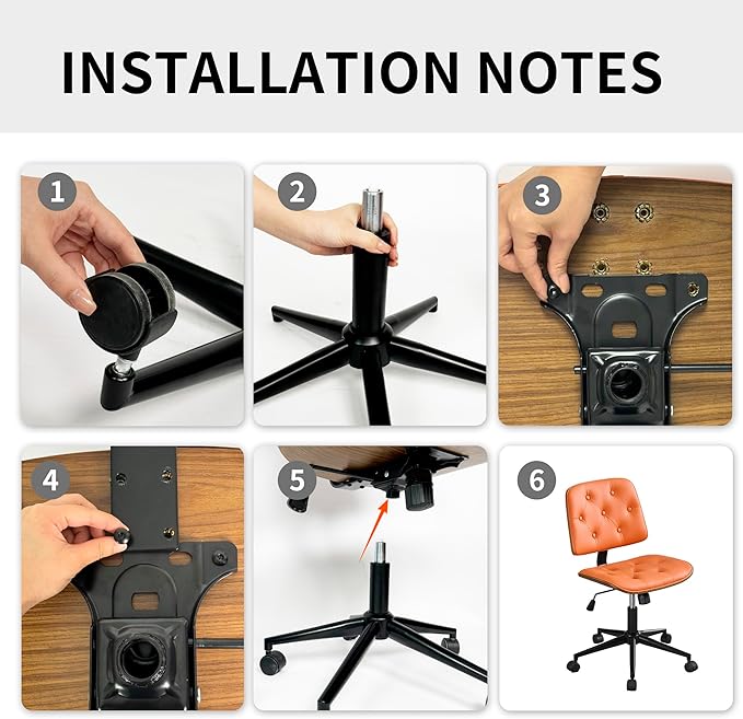 Small Armless Desk Chair – PU Leather Mid-Back Ergonomic Office Chair with Adjustable Height, Swivel Wheels, Walnut Frame, Ideal for Small Office, Study, or Bedroom, Orange-DeskLoop Office