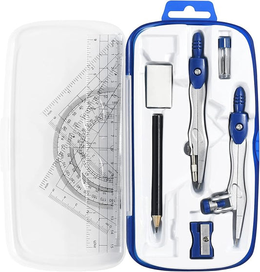 Math Geometry Kit Sets 10 Piece Student Supplies with Shatterproof Storage Box,Includes Rulers,Protractor,Compass,Eraser,Pencil Sharpener,Lead Refills,Pencil,for Drafting and Drawings(Navy blue)-DeskLoop Office