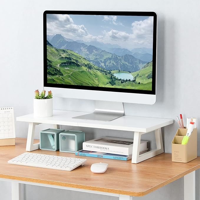 TEAMIX 24 inch Monitor Stand Riser, White Wood & Steel Computer Monitor Stand with Storage, Laptop, PC, Printer Stand Riser for Desktop Office Desk Organizers-DeskLoop Office