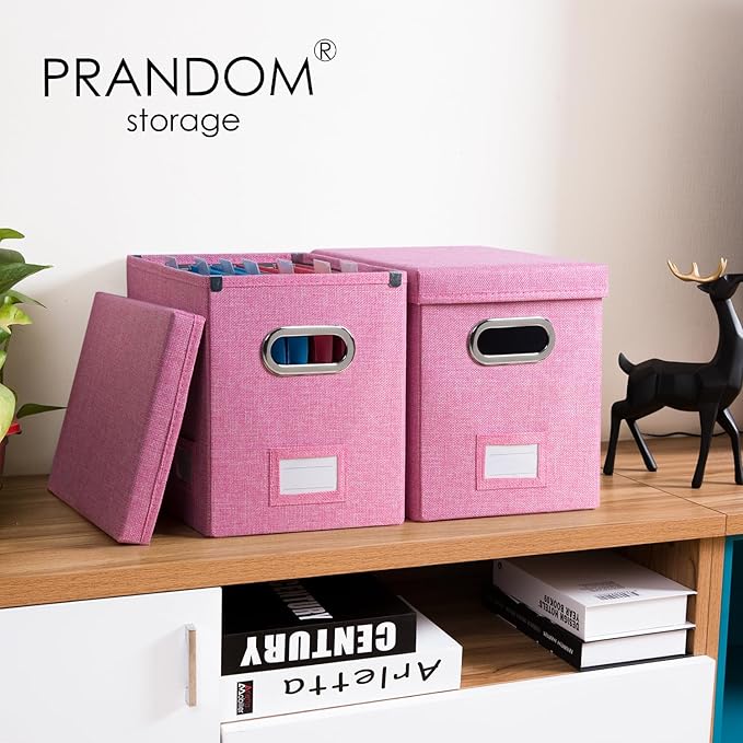 PRANDOM File Organizer Box - Set of 2 Collapsible Decorative Linen Filing Storage Hanging File Folders with Lids Office Cabinet Letter Size Pink (14x9.3x10.8 inch)-DeskLoop Office