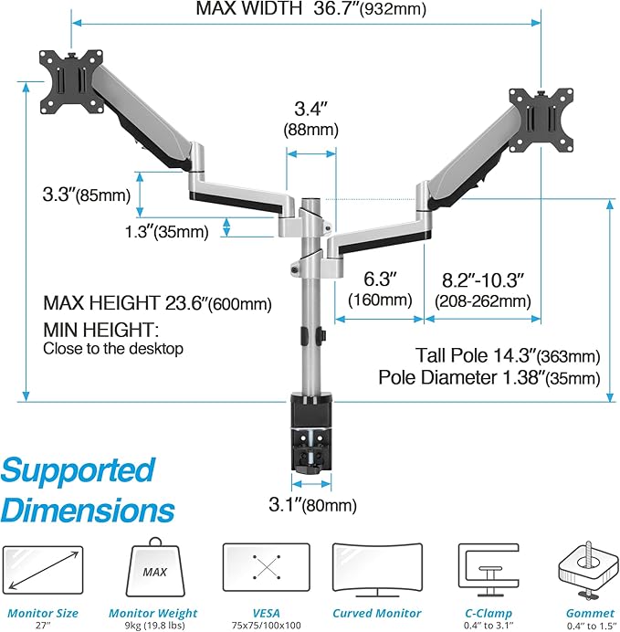 AVLT Dual 13"-27" Stacked Monitor Arm Desk Mount - Fits Two Flat/Curved Monitors, Full Motion Height Swivel Tilt Rotation Adjustable - VESA/C-Clamp/Grommet/Cable Management-DeskLoop Office