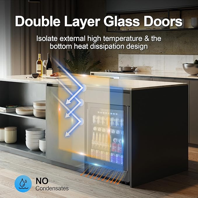 24 Inch Beverage Refrigerator, 5.2 Cu. Ft. Drink Refrigerator with Glass Door, 200 Cans Under Counter & Freestanding Drink Fridge, Reversible Door, Built-In Beverage Cooler for Kitchen, Bar or Office.-DeskLoop Office