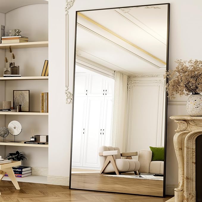 GLSLAND-38 x 77" Rectangular Full Length Mirror - Large Floor Mirrors Aluminum Alloy Frame Full Body Dressing Mirror for Bedroom, Living Room,Black-DeskLoop Office