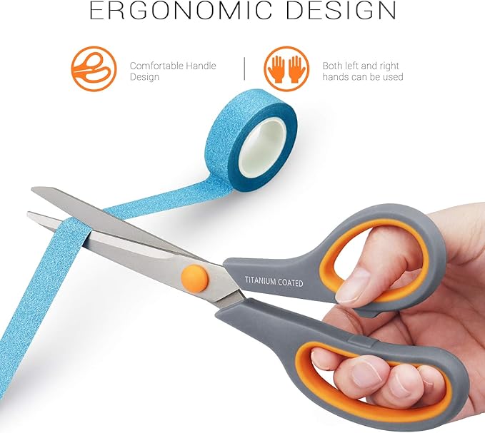 Scissors 8" Multipurpose Titanium Coated Sturdy Sharp Scissors Right/Left Handed Comfort-Grip Handles for Office Home School Sewing Fabric Craft Supplies Gray-DeskLoop Office