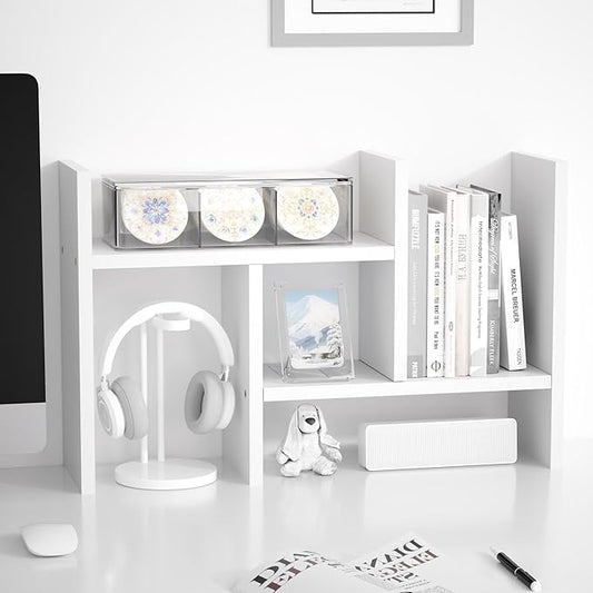 Jerry & Maggie Desktop Organizer Office Storage Rack Adjustable Wood Display Shelf Free Style Double H, Multi-Functional Mini Bookshelf for Desk Natural Stand (White)-DeskLoop Office