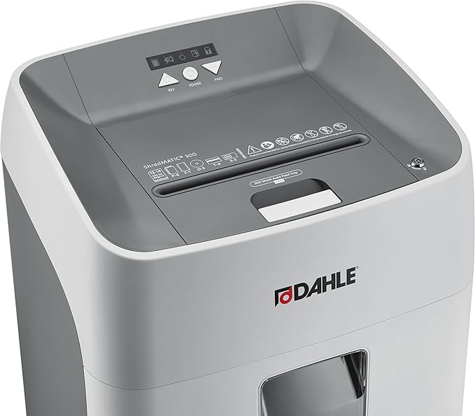 Dahle ShredMATIC SM 300 Auto-Feed Paper Shredder, Cross Cut, 300 Sheet Bin, German Engineered, Jam Protection, Oil Free, SmartPower, P-4 Security, Shreds CDs/Staples/Paper Clips/Credit Cards-DeskLoop Office