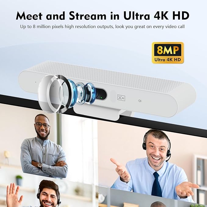 TOALLIN 4K Webcam with Microphone and Speaker, All-in-One Video Conferencing Camera, USB Video Bar, AI Auto-Framing & Speaker-Tracking, Conference Room Web Camera for Laptop, Meetings, Video Calls-DeskLoop Office