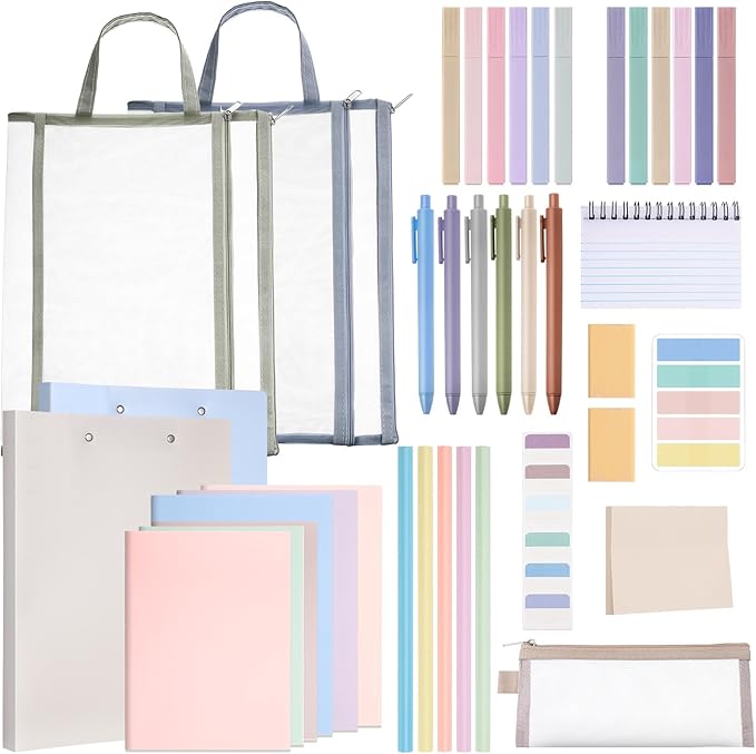 Colarr 54 Pieces Aesthetic School Supplies Including Pastel Highlighters Document Bags Pencils Notebooks Pencil Pouch Ink Pens Sticky Notes Erasers Back to School Gift Stationary Kit Supplies(Morandi)-DeskLoop Office