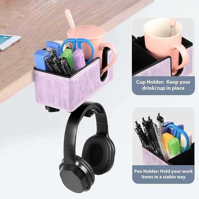 Desk Cup Holder Clip on Pen Holder Headphone Hanger Headset Stand Rotatable Clamp Hook Under Desk (Violet)-DeskLoop Office