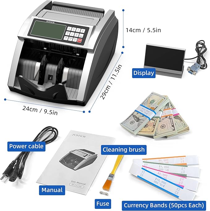 PONNOR Money Counter Machine with Value Bill Count, Cash Counter for Dollar, Euro with UV/MG/IR/DD/DBL/HLF/CHN Counterfeit Detection, Add/Bat/Value Mode Bill Counting Machine with Large LCD Display-DeskLoop Office