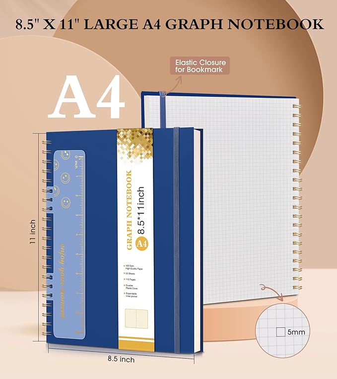 Graph Paper Notebook, Spiral Notebook Journal 8.5” x 11”, A4 Large Grid Notebooks for Women Men, 100 GSM Graph Paper, Plastic Hardcover Spiral Graphing Journals for Work School Engineering, Navy-DeskLoop Office