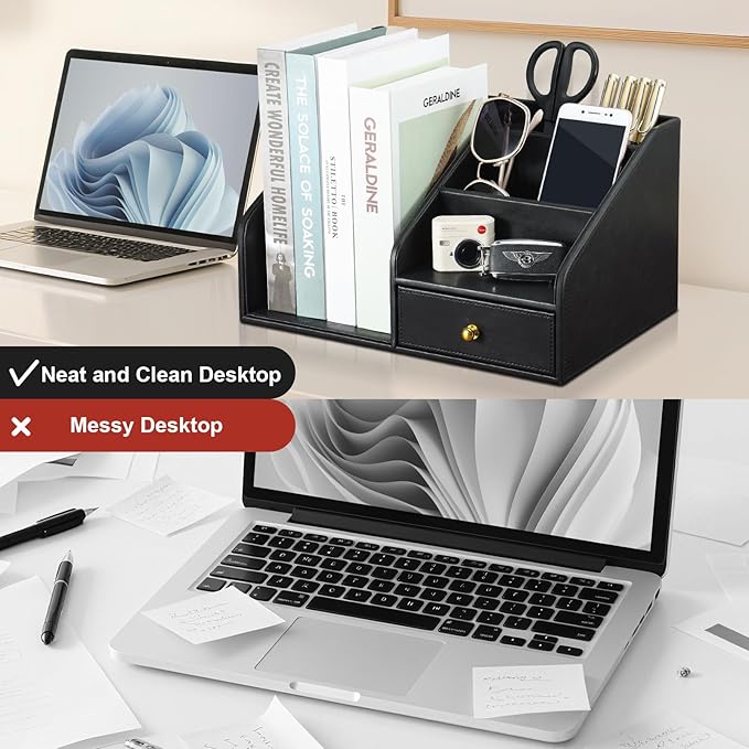 KINGFOM PU Leather Desk Organizer, Multifunction 6 Compartment Desk Organizers and Accessories for Office Supplies, Pen Pencil Holder/Book Mail Organizer Holder for Desk with Drawer(Black)-DeskLoop Office