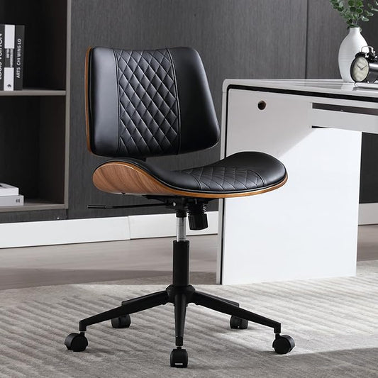 Home Office Chair No Arms with Wheels, Adjustable Height Small Desk Chair, PU Leather Mid Back 360 Swivel Computer Chair, Armless Modern Walnut Chair for Office, Reading Meeting Room(Black)-DeskLoop Office