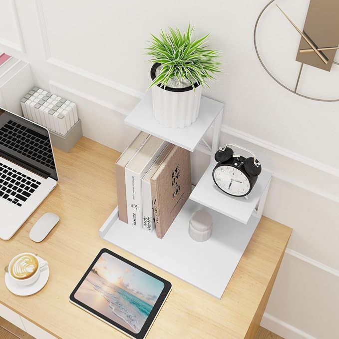 ELITEROO Desk Shelf, Wood Small Bookshelf Desktop Shelves and Organizer, Freestanding 3 Tier Storage Display Stand Home Office Decor for Books Plants Toys, White-DeskLoop Office