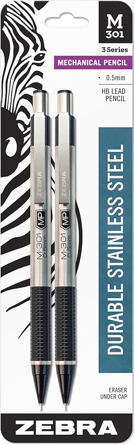 Zebra Pen M-301 Mechanical Pencil, Stainless Steel Barrel, Fine Point, 0.5mm, Black Grip, 2 Count (Pack of 1)