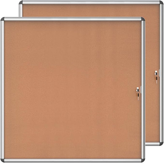 2 Pack 38"x38" Enclosed Bulletin Board, Lockable Weather-Resistant Aluminum Cork Noticeboard for School & Office, Silver Frame w/Cork-DeskLoop Office