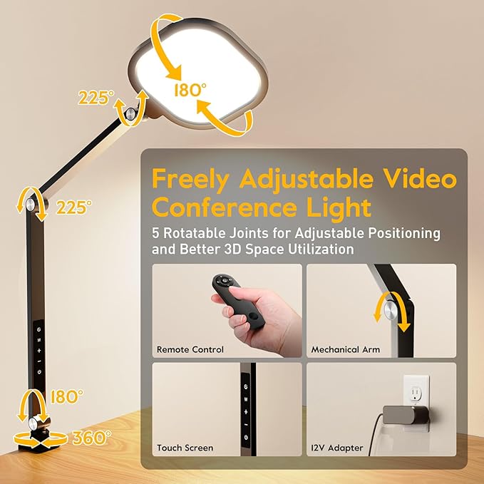 Desk Lights for Home Office, 1200 Lumen LED Desk Lamps with Clamp, Highly Eye-Caring Video Conference Light for Computer, 3 Color 10 Brightness Levels for Ideal Lighting, Remote, Memory & Timer-DeskLoop Office