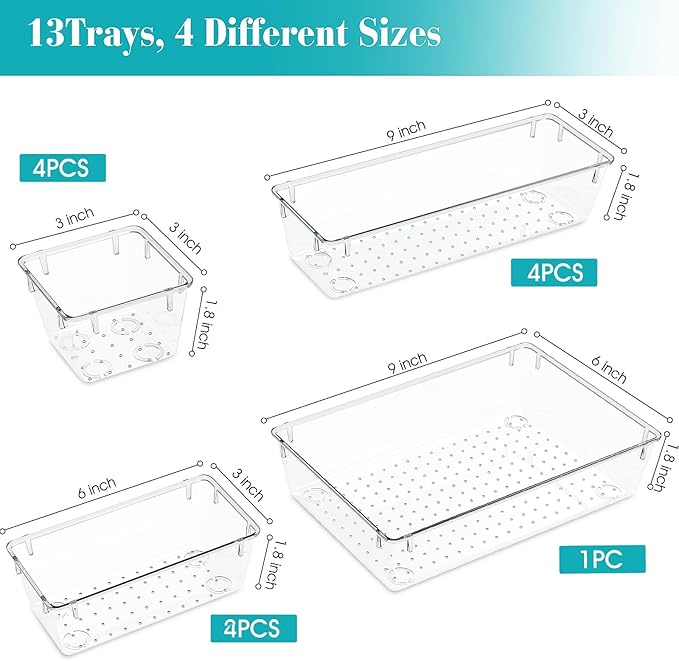 13 PCS Clear Plastic Drawer Organizers Set, 4 Size Desk Drawer Organizer Trays for Makeup, Jewelry, Kitchen Utensils, Gadgets and Office Accessories