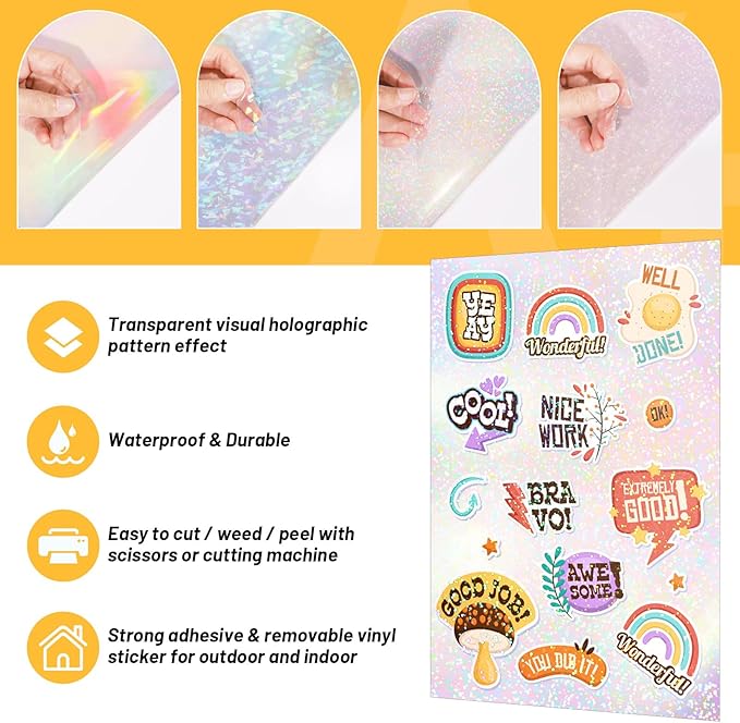 TECKWRAP Holographic Laminate Sheets for Stickers Self Adhesive Vinyl Laminating Sheets Holographic Sticker Paper Clear Vinyl for Inkjet Printer 8.26" x 11.69" A4 28 Sheets (Rainbow,Gem,Star, Sparkle)-DeskLoop Office
