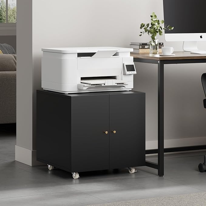 Warmiehomy Metal Printer Stand with Storage Mobile Printer Tables for Small Spaces with Door Adjustable Shelf File Cabinet on Wheels for Home Office (Black)-DeskLoop Office
