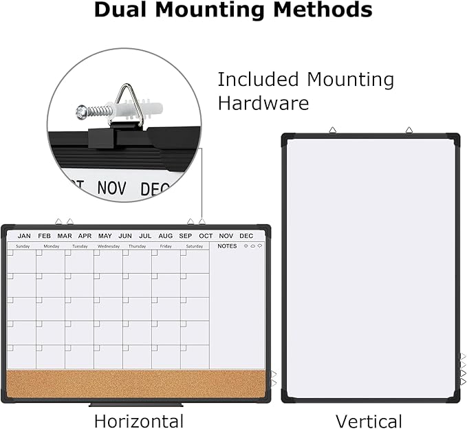 EAONE 36x24 in Double Side Whiteboard Calendar & Cork Board Combo for Wall, 3 in 1 Magnetic Dry Erase Whiteboard Monthly Calendar and Bulletin Board with Aluminum Frame for Home Office Kitchen-DeskLoop Office