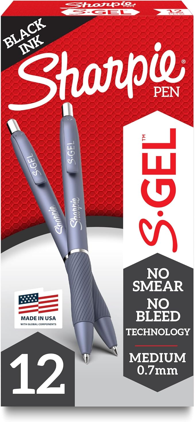 Sharpie S-Gel Gel Pens, Blue Barrel, Medium Point (0.7mm), Black Gel Ink Pens, 12 Count - Home, Office, School, Journaling, Writing, Note-Taking, Teacher Supplies-DeskLoop Office