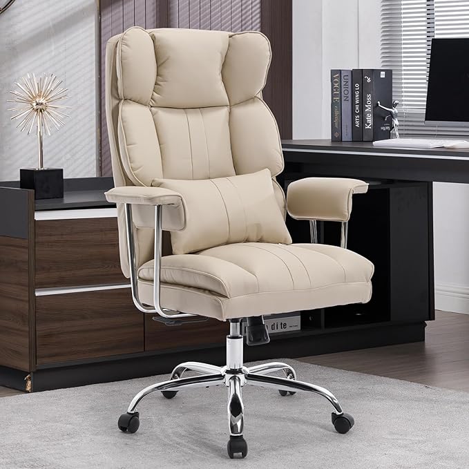 Big and Tall Office Chair 500lbs Wide Seat Executive Office Desk Chair High-Back Office Task Chair, Ergonomic Lumbar Support Computer Office Chairs for Heavy People(Beige)-DeskLoop Office