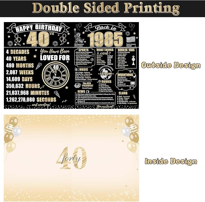 Large 40th Birthday Card With Envelope for Men Women, 1985 Black Gold Happy 40th Birthday Giant Guest Signature Book Gifts, Big Vintage 1985 40th Greeting Card Decoration Party Supplies