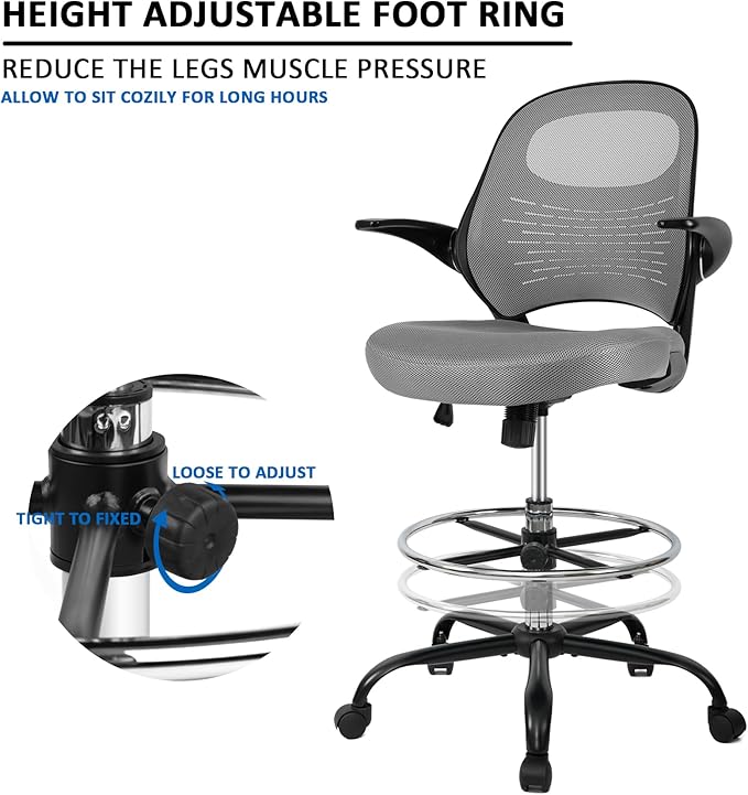 HYLONE Tall Drafting Chair Standing Desk Chair with Flip-Up Armrests, Adjustable Height Ergonomic Office Chair with Footrest Ring - High Stool Chair for Standing Desk(Grey)-DeskLoop Office