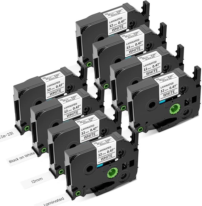 Airmall Tze 12mm 0.47 Laminated White Label Maker Tape Refill Compatible with Brother Ptouch Tape 12mm 0.47 White TZe-231 TZe231 for PT-D220 1180 1280 1290 1750 1830, 8 Pack-DeskLoop Office