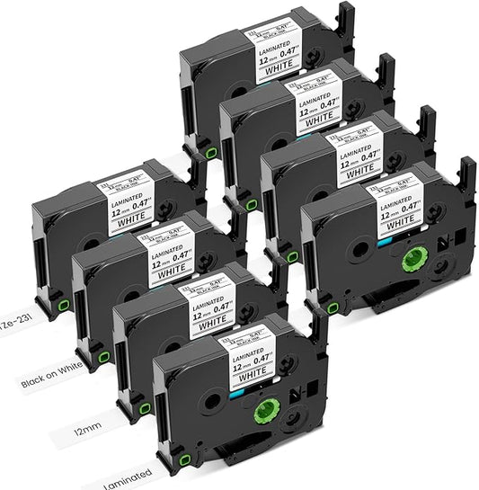 Airmall Tze 12mm 0.47 Laminated White Label Maker Tape Refill Compatible with Brother Ptouch Tape 12mm 0.47 White TZe-231 TZe231 for PT-D220 1180 1280 1290 1750 1830, 8 Pack-DeskLoop Office