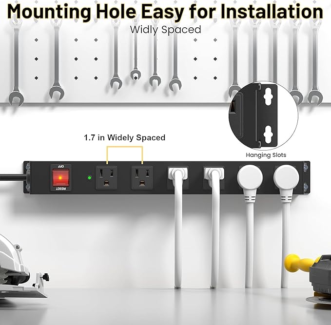 KF 6 Outlet Metal Wall Mount Power Strip, 2100J Surge Protection Heavy Duty Power Strip, 15A/1875W Mountable Power Strips with Upgraded Switch, 14AWG 10FT Power Cord, Black-DeskLoop Office